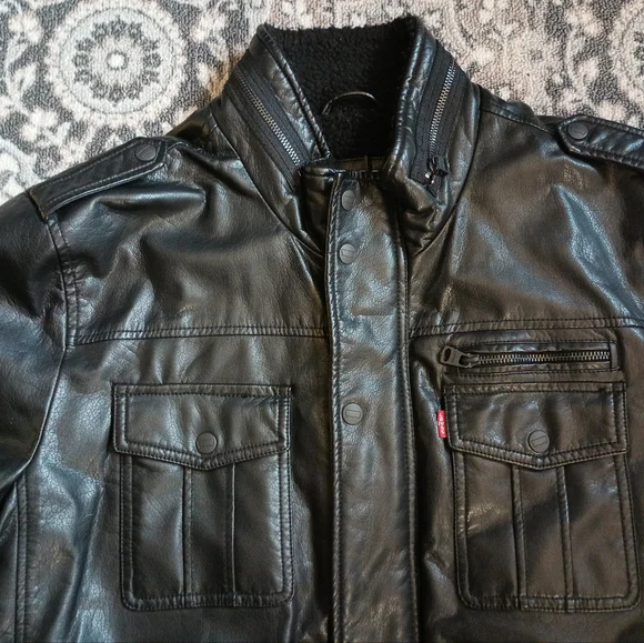 Levis Mens Faux Leather Aviator Jacket XL Black Sherpa Lined Moto Trucker Biker - Picture 2 of 14